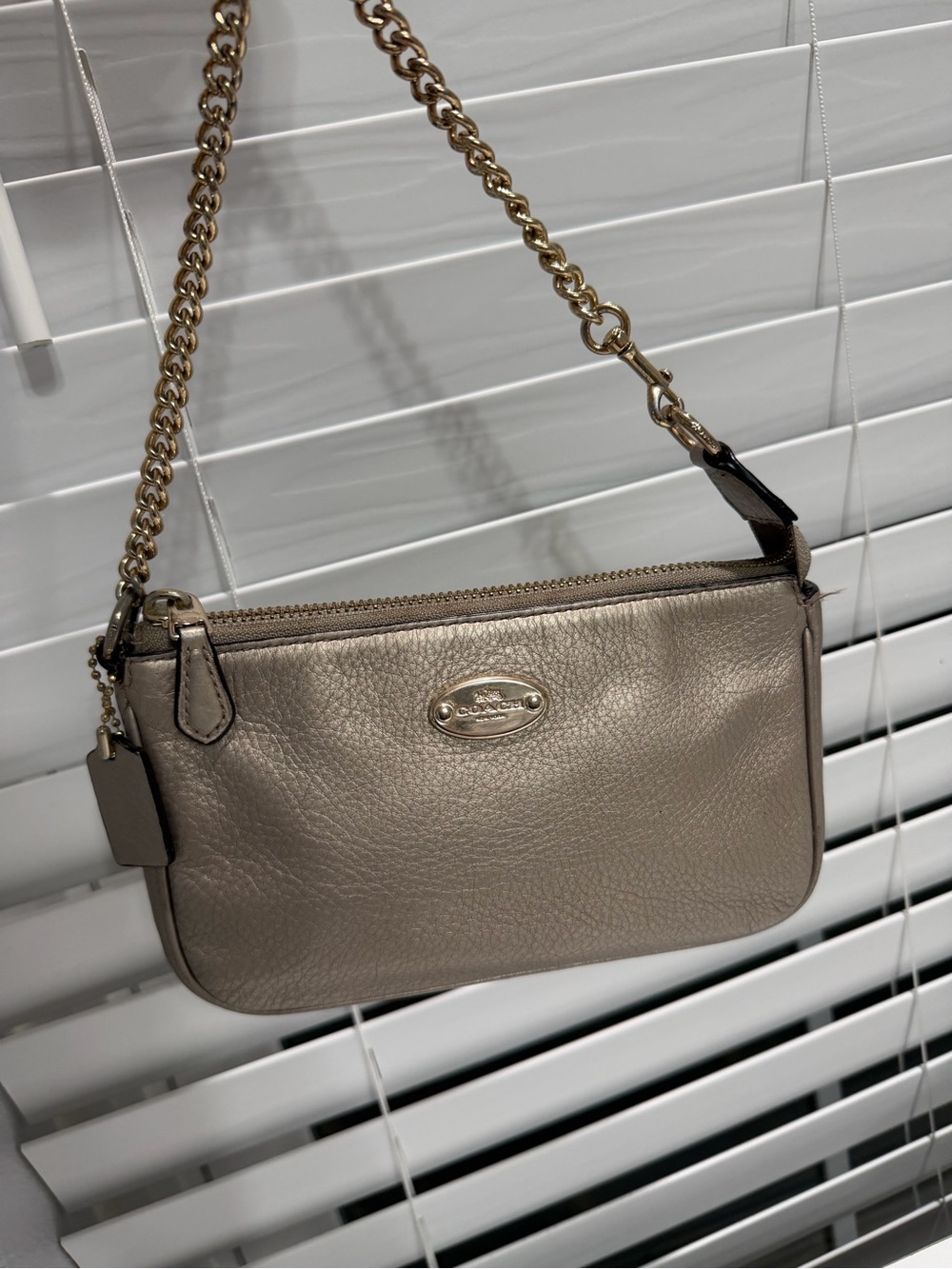 Coach Metallic Taupe Pebbled Leather Chain Wristlet